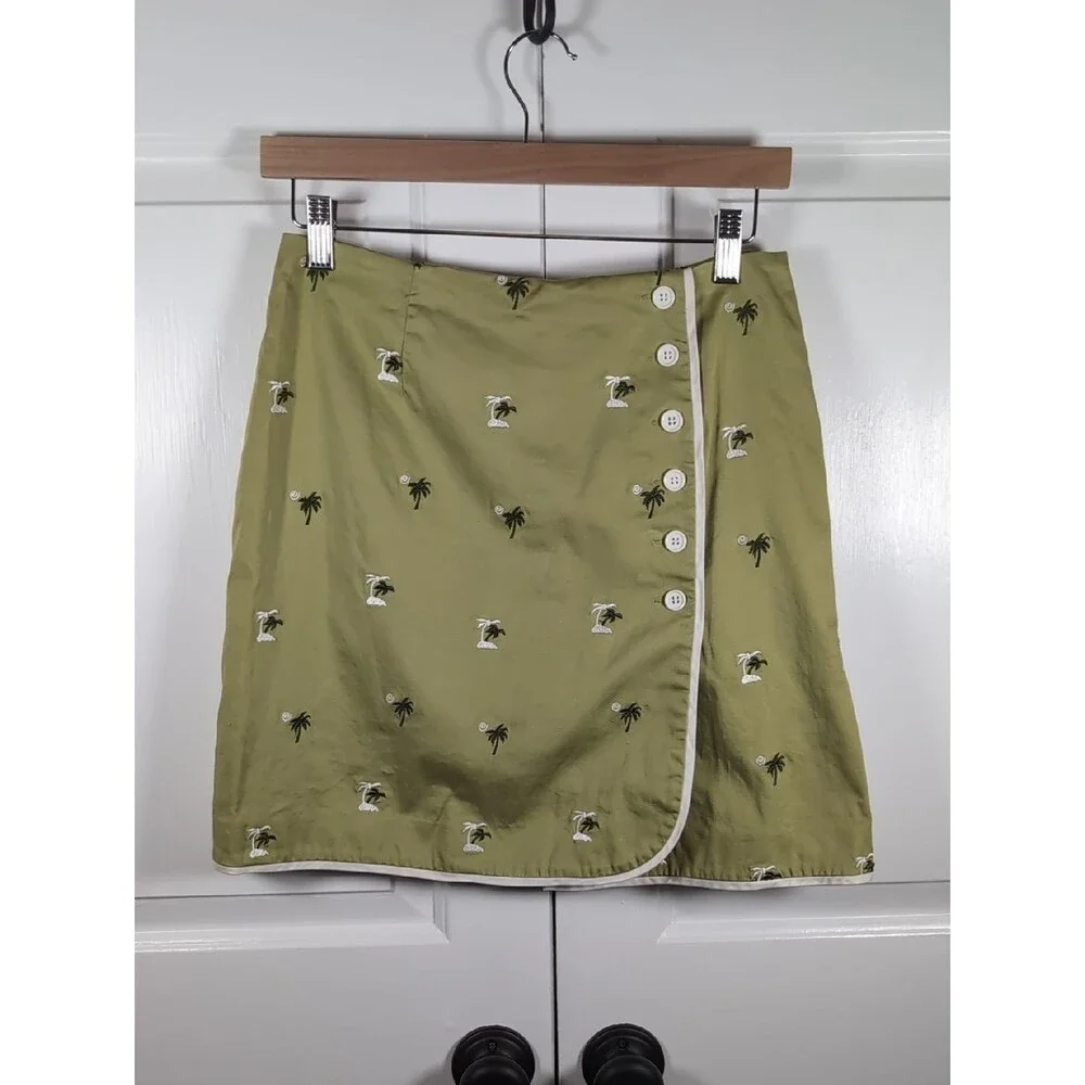 Vintage Island Republic Olive Green Palm Tree Embroidered Mini Skirt Wrap Skort